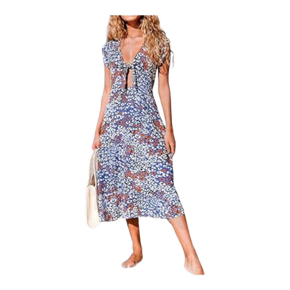 Cupshe Blue Orange Leopard Print Midi‎ Dress Swim Cover Up XXL Keyhole Be…